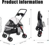 Luxurious Grey Pet Stroller for Small Dogs and Cats - Foldable, 360° Maneuverable with Adjustable Canopy and Safety Features