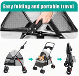 Luxurious Grey Pet Stroller for Small Dogs and Cats - Foldable, 360° Maneuverable with Adjustable Canopy and Safety Features